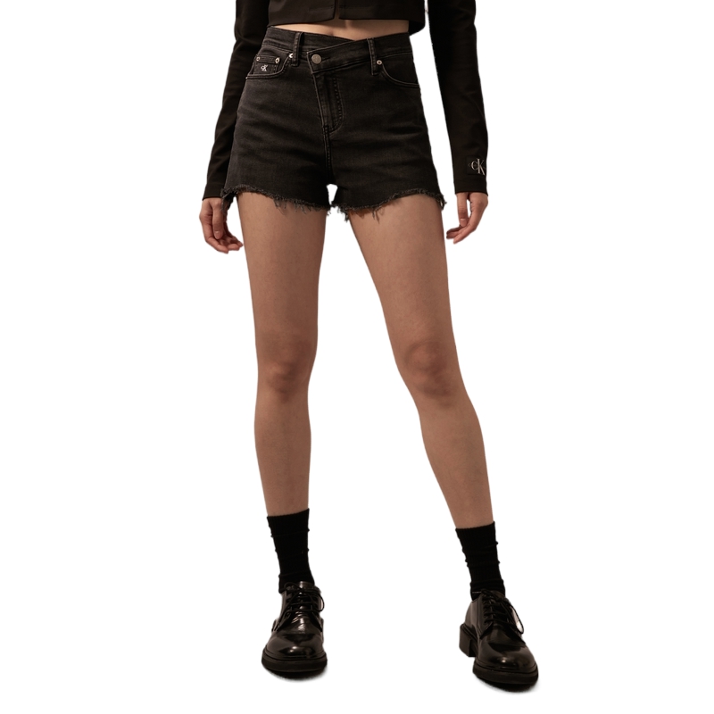 Shop (W) Calvin Klein Seluar Pendek Denim Pinggang Tinggi Sulam Hitam. J224329