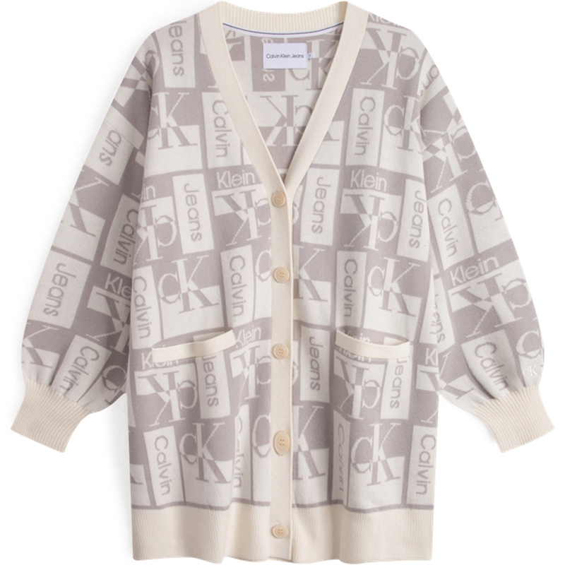 (Women) Calvin Klein  Knit Cardigan V-Neck Button Letter Pattern Beige Colorblock. J222311PEE
