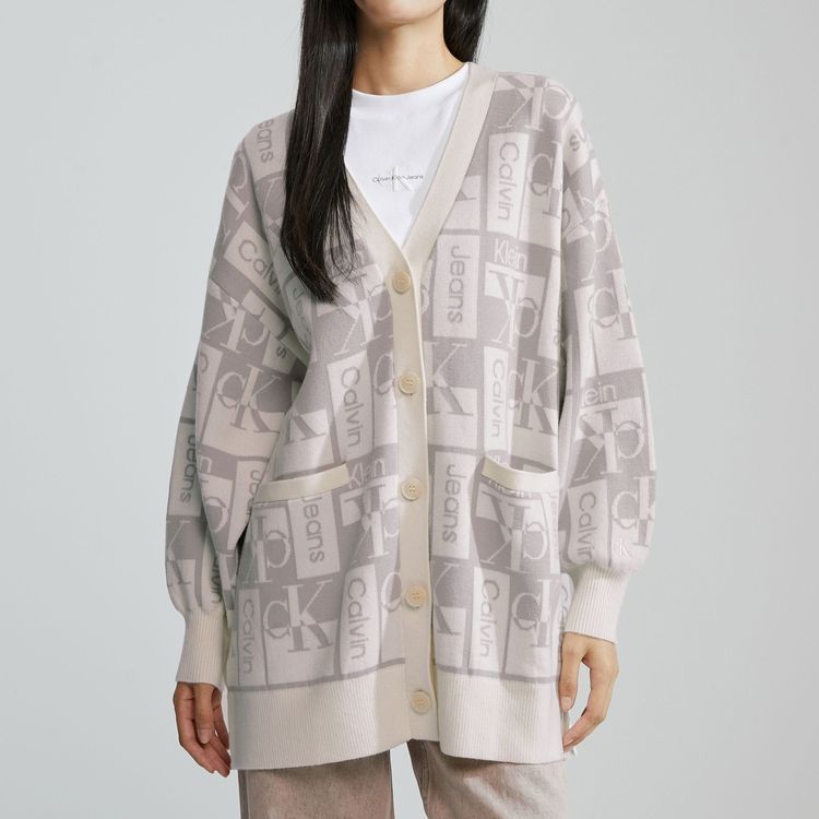 (Women) Calvin Klein  Knit Cardigan V-Neck Button Letter Pattern Beige Colorblock. J222311PEE 圖 4