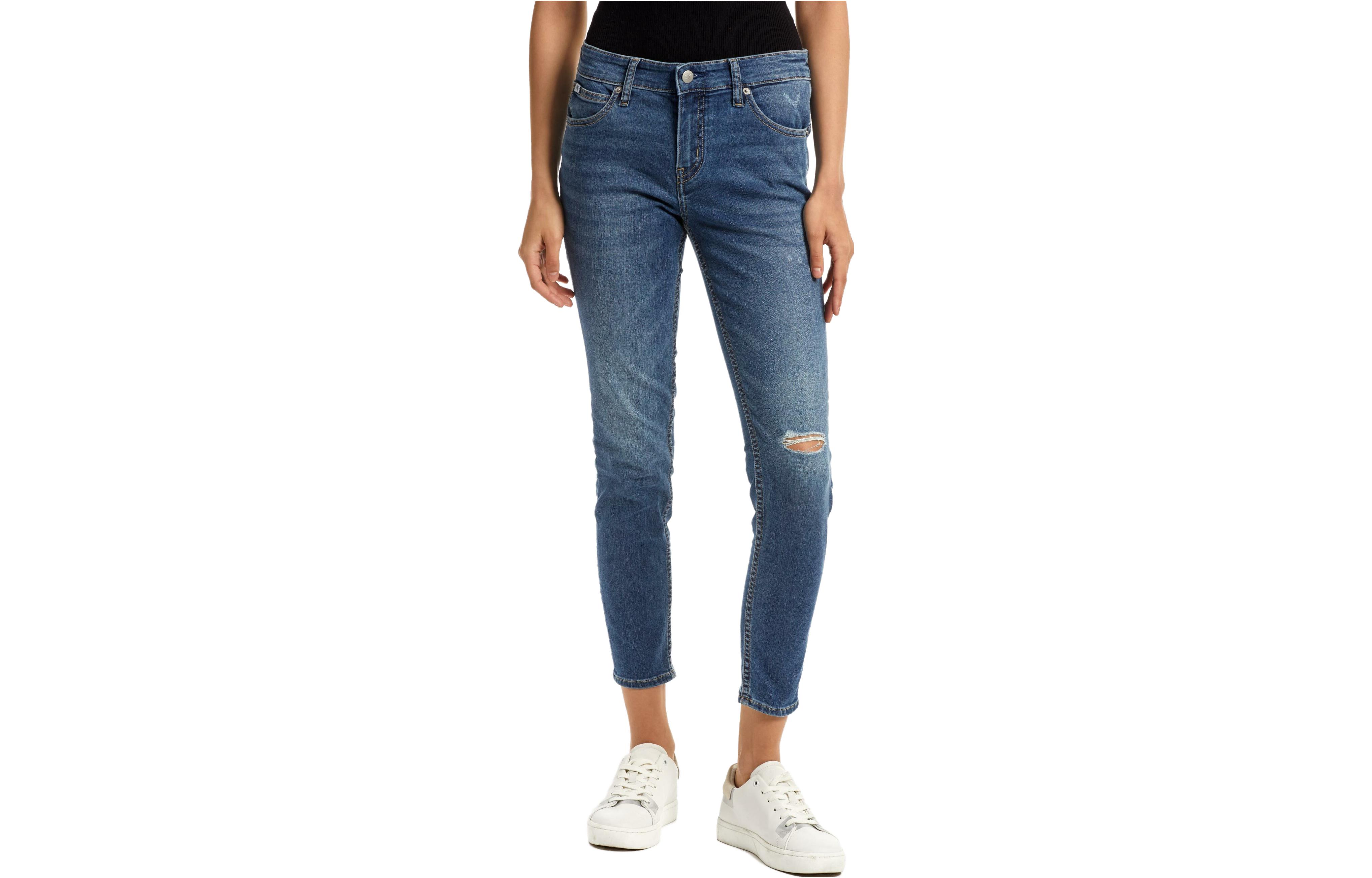 (Women) CALVIN KLEIN  Mid-Rise Ripped Cropped Jeans Denim Blue. J218736-1A4