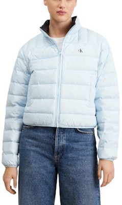 (Women) Calvin Klein Solid Light Blue Puffer Jacket with Logo Print. J20J222585-CYR Details for (Women) Calvin Klein Solid Light Blue Puffer Jacket with Logo Print. J20J222585-CYR