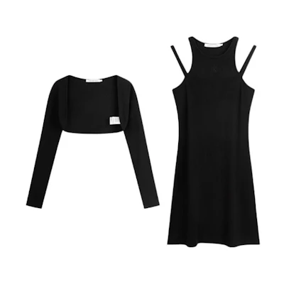 (Women) Calvin Klein Space Black Solid Cardigan & Sleeveless Knit Dress Set. J223344-BEH