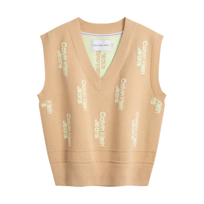 (Women) CALVIN KLEIN V-Neck Layered Knit Sweater Ivory Yellow Casual Style. J222942