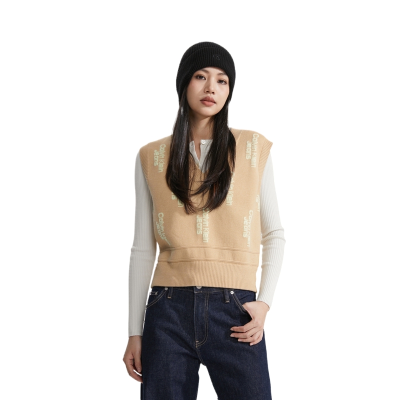 Shop (W) CALVIN KLEIN Baju V-Neck Knit Berlapis Ivory Kuning Gaya Kasual. J222942