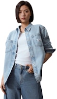 (W) Calvin Klein Kemeja Denim Longgar Biru Muda Gaya Vintage. J223472 Details for (W) Calvin Klein Kemeja Denim Longgar Biru Muda Gaya Vintage. J223472