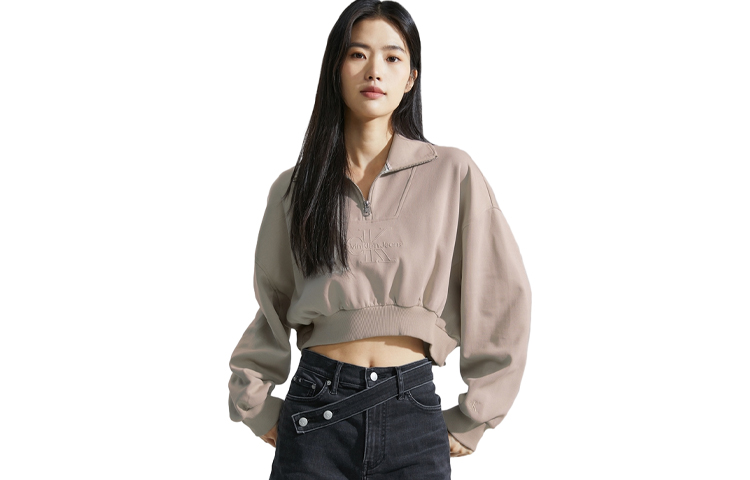 (Women) Calvin Klein Cream Beige Solid Crop Pullover Sweatshirt J222302-PED