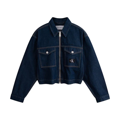 (Women) Calvin Klein Denim Zip-Up Jacket in Retro Cotton-Blend Deep Blue J222706