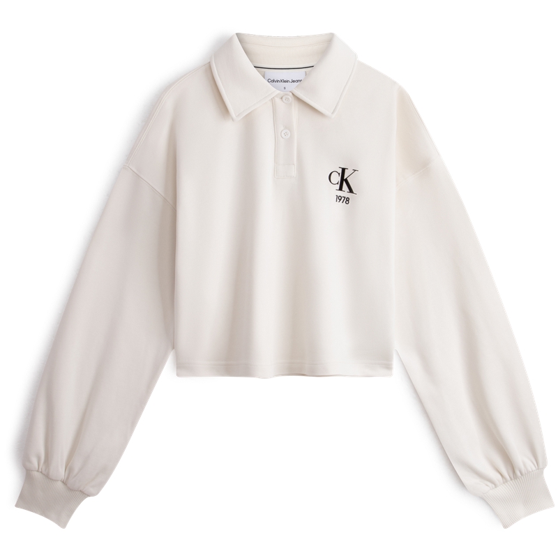 (Women) Calvin Klein Flocked Letter Half-Placket Polo Pullover Sweatshirt Milk White J222301