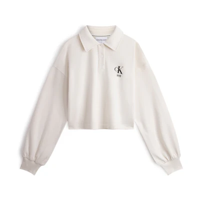 (Women) Calvin Klein Flocked Letter Half-Placket Polo Pullover Sweatshirt Milk White J222301