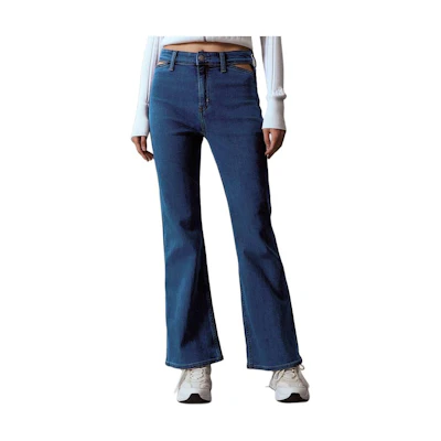 (Women) Calvin Klein High-Waisted Flared Cutout Washed Denim Jeans Women Blue J222910-1BJ