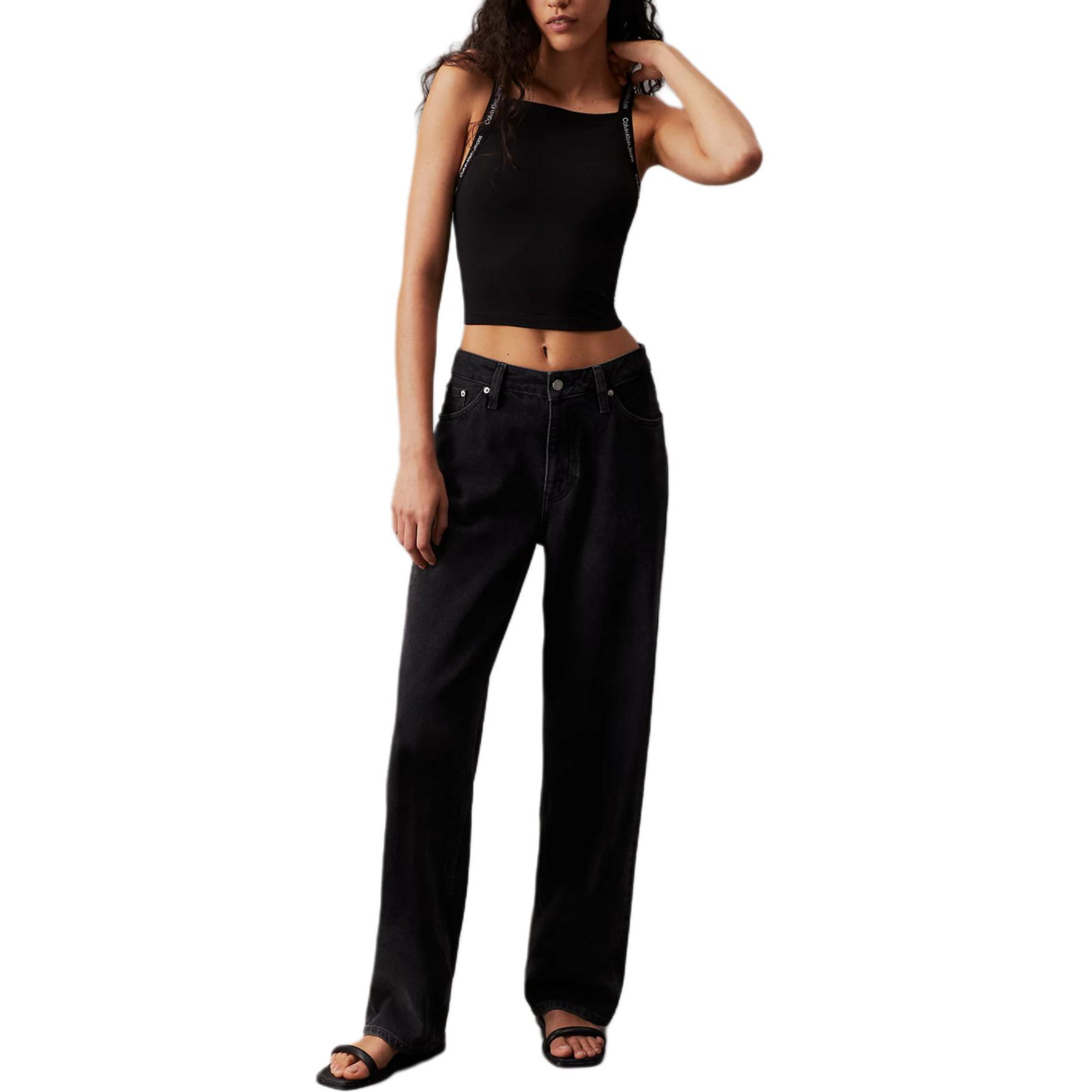 (Women) Calvin Klein Jeans Black Logo Trim Fitted Square Neck Tank Top Womens Europe Style J20J223110-BEH