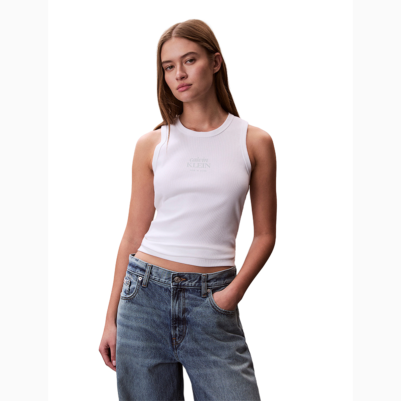 (Women) Calvin Klein Jeans Letter Print Ribbed Stretch Tank Top Casual Stylish 47F239G-1
