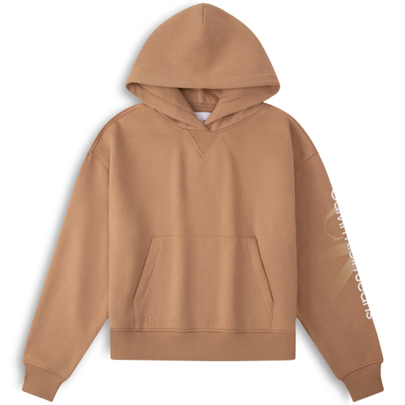 (Women) Calvin Klein Letter Overlay Fleece Hoodie  Khaki. ZW02309GV7