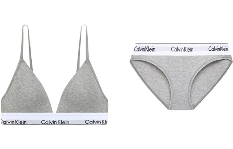 (Women) Calvin Klein Modern Gravity Logo Print Wireless Triangle Bra & Brief Set Grey Women QF5650-020+F3787AD-020