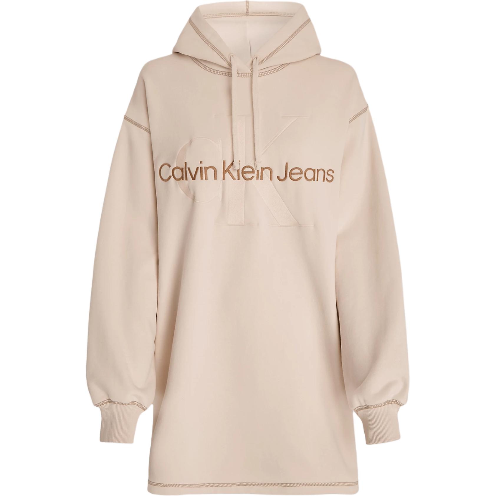 (Women) Calvin Klein Oversized Letter Satin Embroidered Hoodie Dress Ivory ( EU) J20J223245-YBI