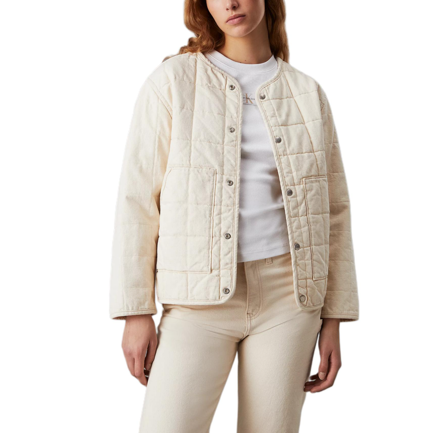 Order (Women) Calvin Klein Quilted Loose-Fit Collarless Denim Jacket Natural Beige Women欧版 J20J223883-1AA