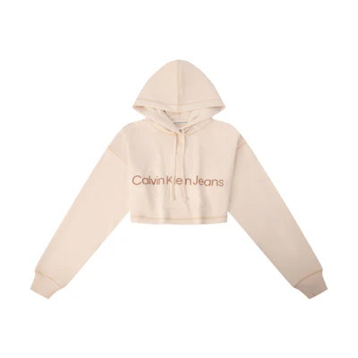 (Women) Calvin Klein Retro Streetwear Embroidered Crop Hoodie Ivory Yellow J222540-YBI