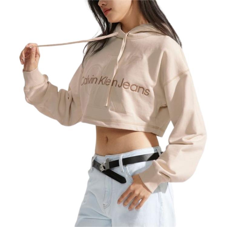 (Women) Calvin Klein Retro Streetwear Embroidered Crop Hoodie Ivory Yellow J222540-YBI 圖 3