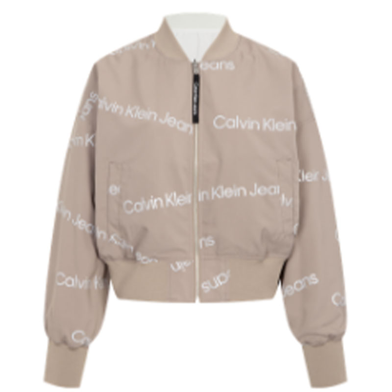 (Women) Calvin Klein Reversible Letter Print Zip Baseball Jacket Women’s Gray Brown J219963-A03