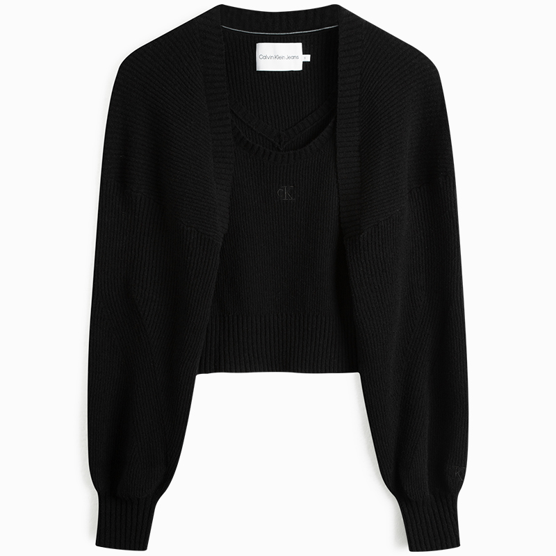 (Women) Calvin Klein Solid Knit Lantern Sleeve Crop Sweater  Space Black. J221665BEH