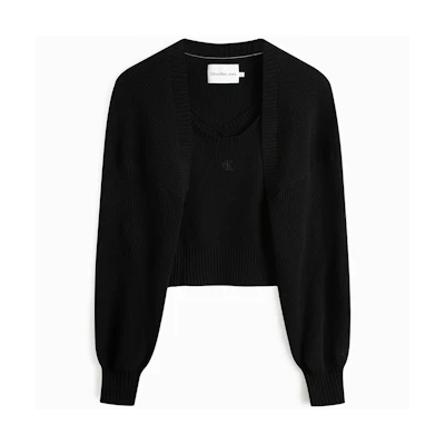 (Women) Calvin Klein Solid Knit Lantern Sleeve Crop Sweater Space Black. J221665BEH