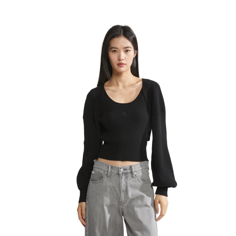 Shop (W) Suéter Corto Calvin Klein Negro Espacial con Mangas Globo de Punto Sólido. J221665BEH
