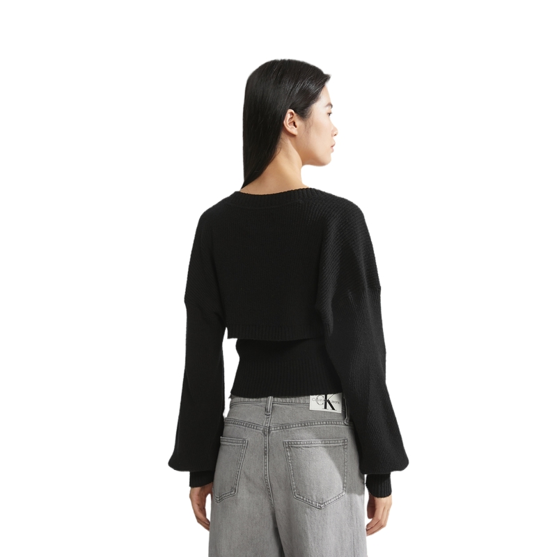 Purchase (W) Suéter Corto Calvin Klein Negro Espacial con Mangas Globo de Punto Sólido. J221665BEH