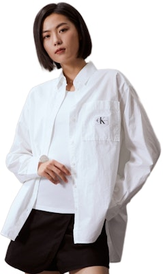 (Women) CALVIN KLEIN SS24 Loose Fit Long Sleeve Shirt with Jeans-Style Patch. J222610 Shop (Women) CALVIN KLEIN SS24 Loose Fit Long Sleeve Shirt with Jeans-Style Patch. J222610