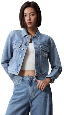 (Women) Calvin Klein SS24 Minimalist Denim Light Blue Collared Jacket. J223683 Shop (Women) Calvin Klein SS24 Minimalist Denim Light Blue Collared Jacket. J223683