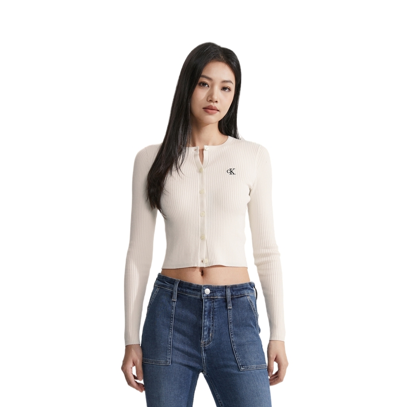 Shop (Women) CALVIN KLEIN SS24  Slim Fit Embroidered Lyocell Blend Cardigan Sweater J223846