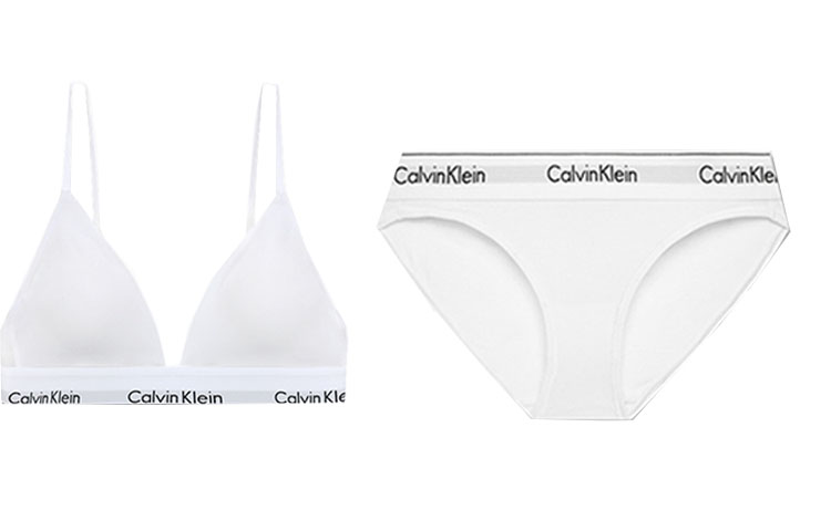 (Women) Calvin Klein White Triangle Bralette & Panty Set with Logo Print QF5650-100+F3787AD-100