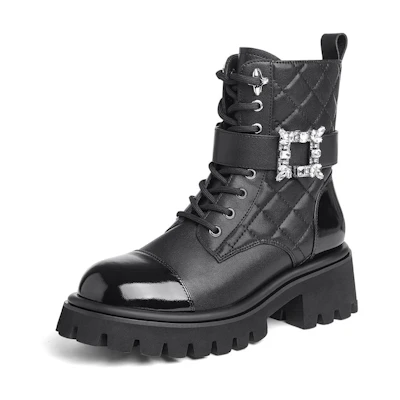(W) CAMEL CROWN 'British Style Spliced Buckle Mid-Calf Martin Boots Black'