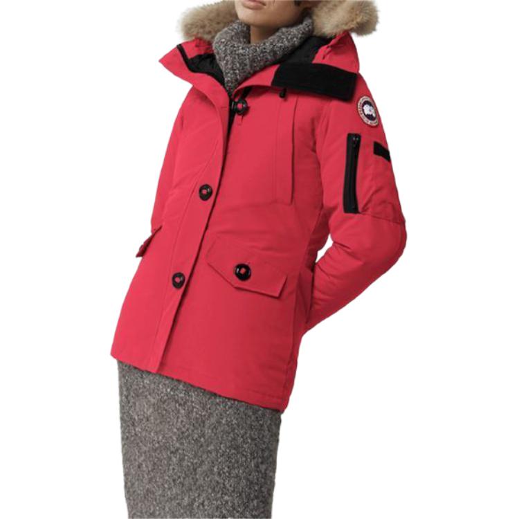 Shop (Women) Canada Goose FW22 Everleigh  Red Hooded Down Coat with Badge Patch. 2530L-11
