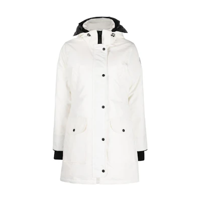 (Women) Canada Goose Trillium FW23 White Zip-Up Long Down Jacket with Hood. 6660WB-433