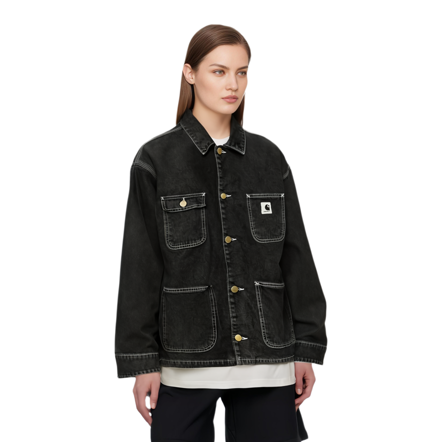 Shop (W) Carhartt WIP Jaket Denim Hitam Washed - Lengan Panjang, Kancing Depan. I031923-89-06