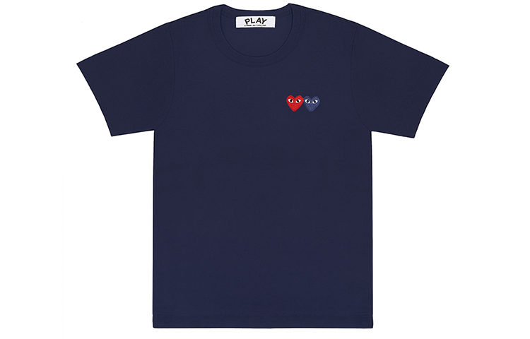 (Women) CDG Play Double Heart T-Shirt Navy Embroidered Short Sleeve Tee AZ-T225-051-2