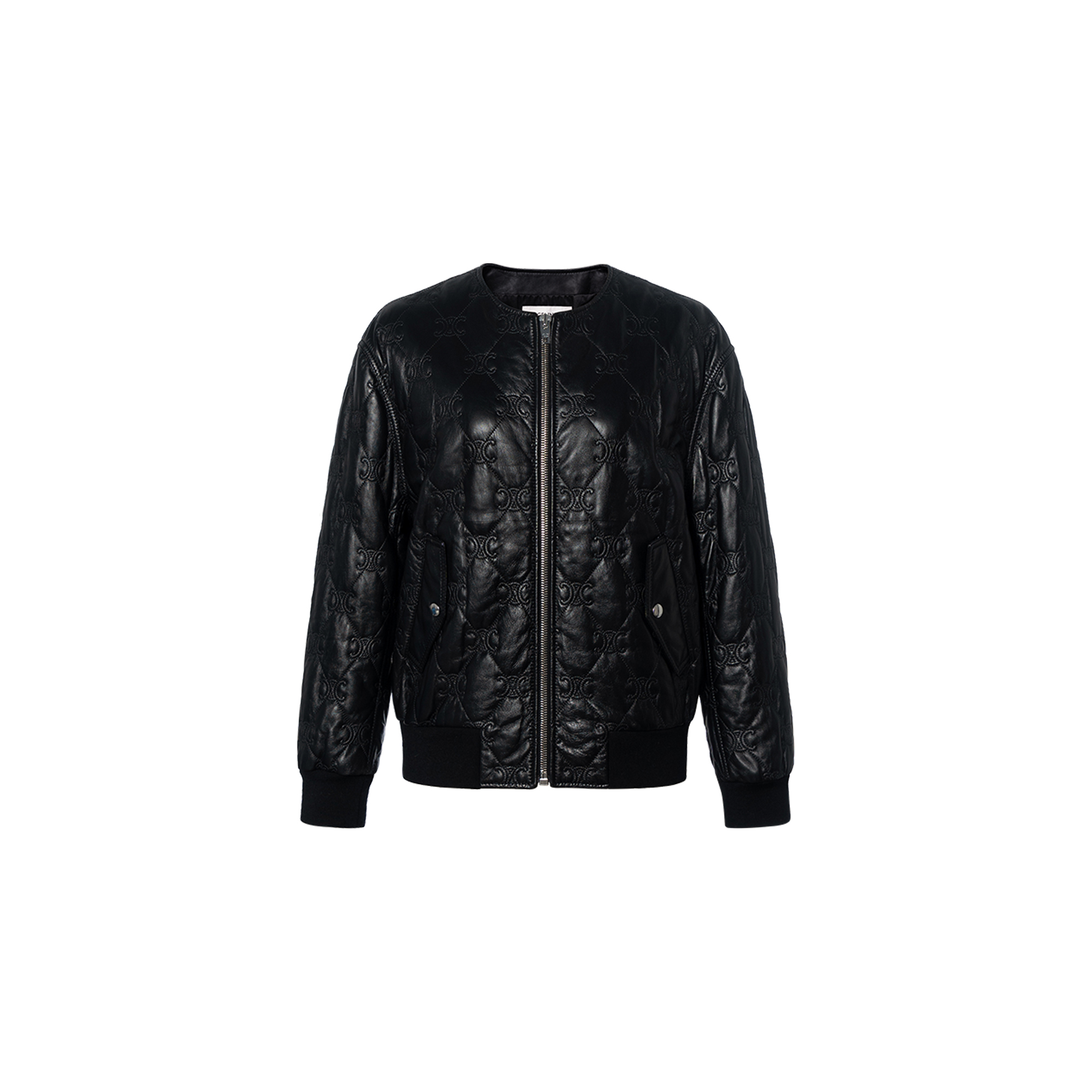 (Women) CELINE  Black Plain Embroidered Triumph Zipper Leather Jacket. 2EI62583C-38NO