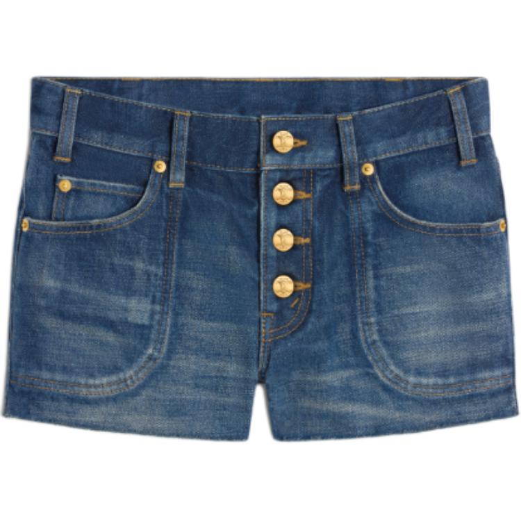 (Women) CELINE  Blue Solid Button Slim Fit Pleated Denim Shorts. 2N53A365M07DU