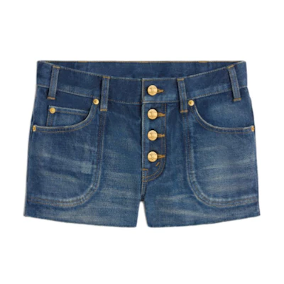 (Women) CELINE Blue Solid Button Slim Fit Pleated Denim Shorts. 2N53A365M07DU