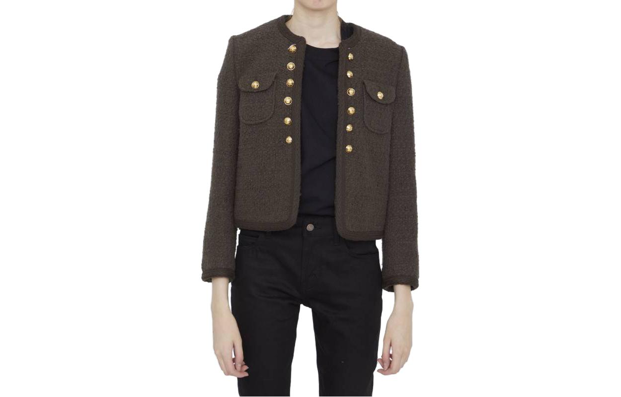 (Women) CELINE  Fitted Round Neck Button-Up Cropped Jacket Brown. 2V65Q764L-19BS