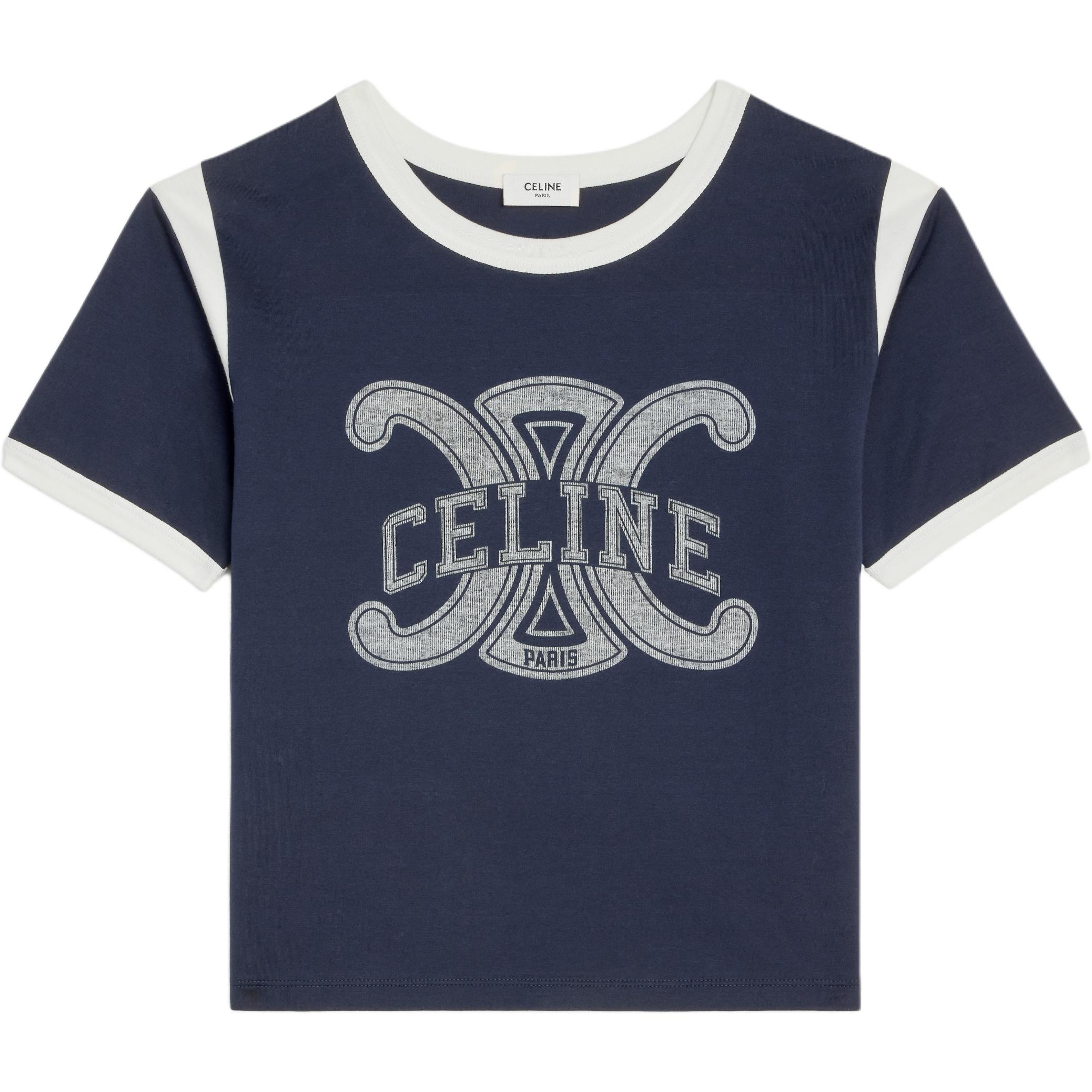 (Women) CELINE  FW22 Contrast Crewneck Cropped Short Sleeve Top Deep Blue. 2X58B671Q-07OW