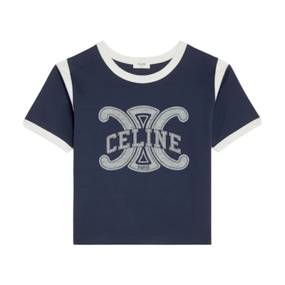 (Women) CELINE FW22 Contrast Crewneck Cropped Short Sleeve Top Deep Blue. 2X58B671Q-07OW
