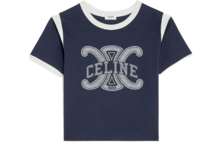 Order (Women) CELINE  FW22 Contrast Crewneck Cropped Short Sleeve Top Deep Blue. 2X58B671Q-07OW