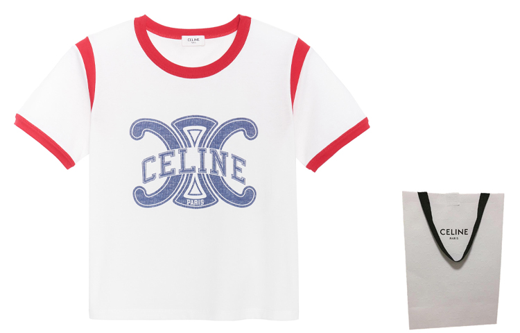 Shop (W) 셀린 FW22 콘트라스트 로고 프린트 크루넥 티셔츠 화이트 2X58B671Q-01RL