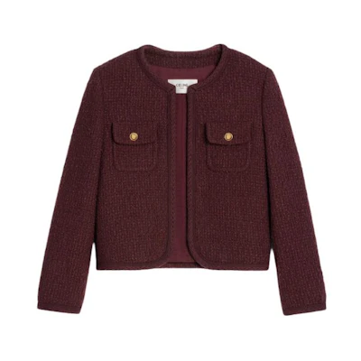 (Women) CELINE FW23 Solid Tweed Round Neck Long Sleeve Jacket Wine Red. 2V55Q764L-28BX