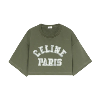 (Women) CELINE Green Cropped T-Shirt with Logo Print Short Sleeves. 2Y19A670Q-02MJ