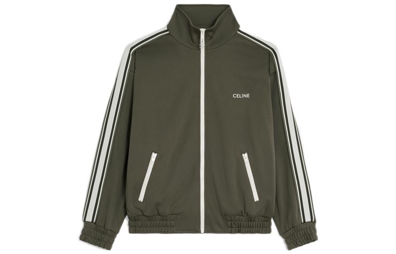Order (W) CELINE Jaket Track Rajut Reversible Garis Hijau Bermotif. 2Y733121O-02KF