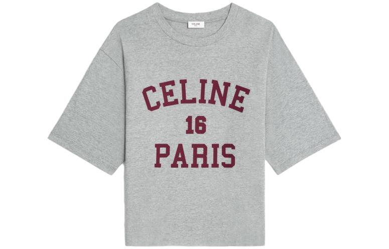 (Women) CELINE  Grey Letter Print Crew Neck Casual Short Sleeve T-Shirt. 2X38J865W-09BA