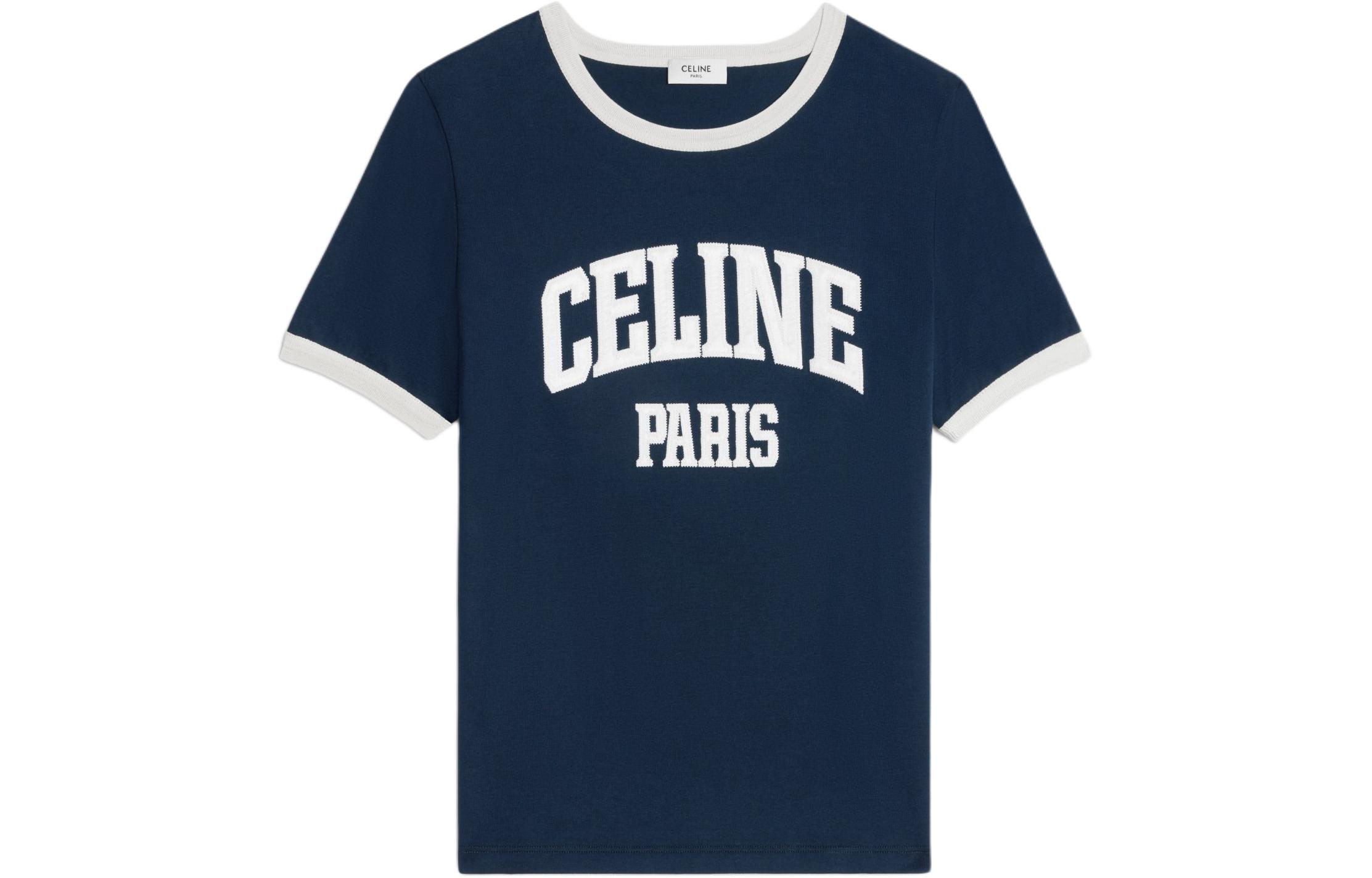 Buy (Women) CELINE  Navy Blue Logo Crewneck Short Sleeve Casual T-Shirt. 2X59J671Q-07OW