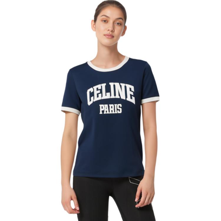 Shop (Women) CELINE  Navy Blue Logo Crewneck Short Sleeve Casual T-Shirt. 2X59J671Q-07OW